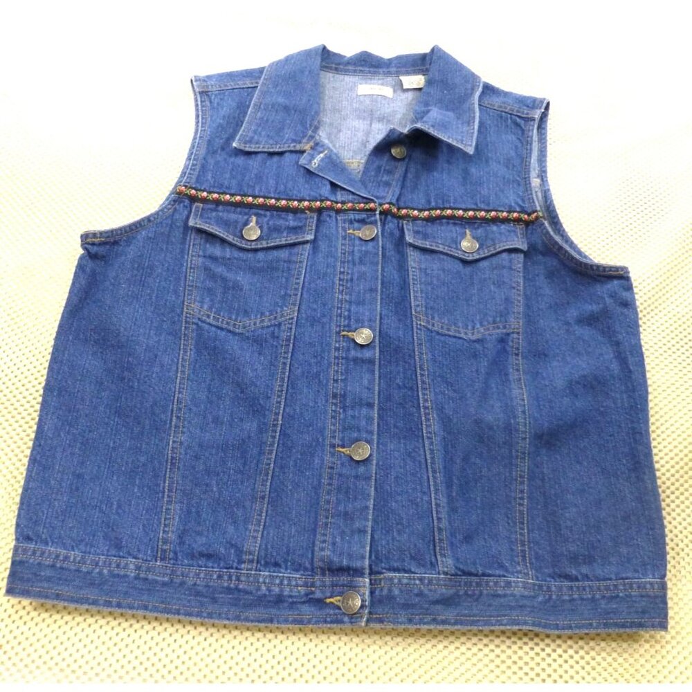 VTG Cherokee Denim‎ Vest With Boho Trim Western Sleeveless Large Womens Jacket